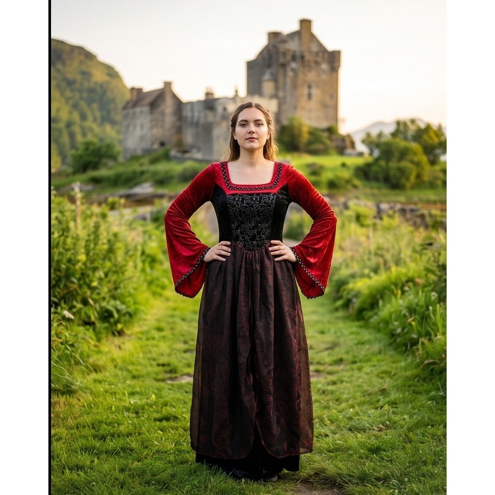 Renaissance Wench Gown L/XL Medieval Faire Costume Red‎ Black Velvet Maxi